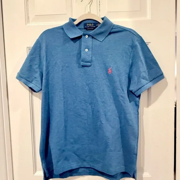 Men’s Ralph Lauren Blue Polo with Pink Logo - Size M Slim Fit - Picture 1 of 5